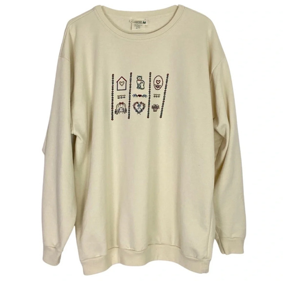 Vintage 90s Cat Bird Embroidered Printed Oversized Pullover Sweatshirt Womens XL - Picture 1 of 14